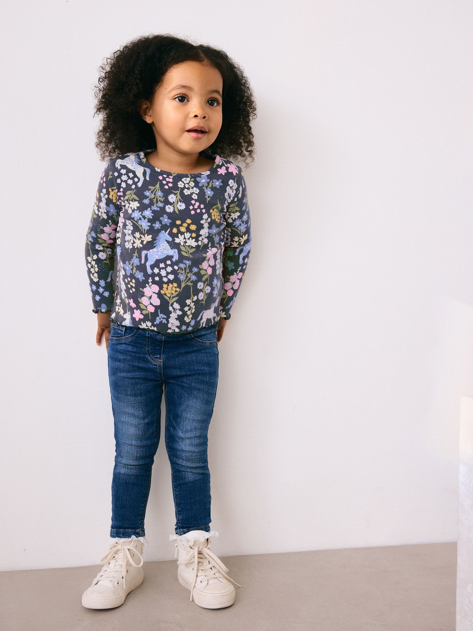 Navy Floral Unicorn Print Long Sleeve Ribbed T-Shirt (3mths-7yrs)