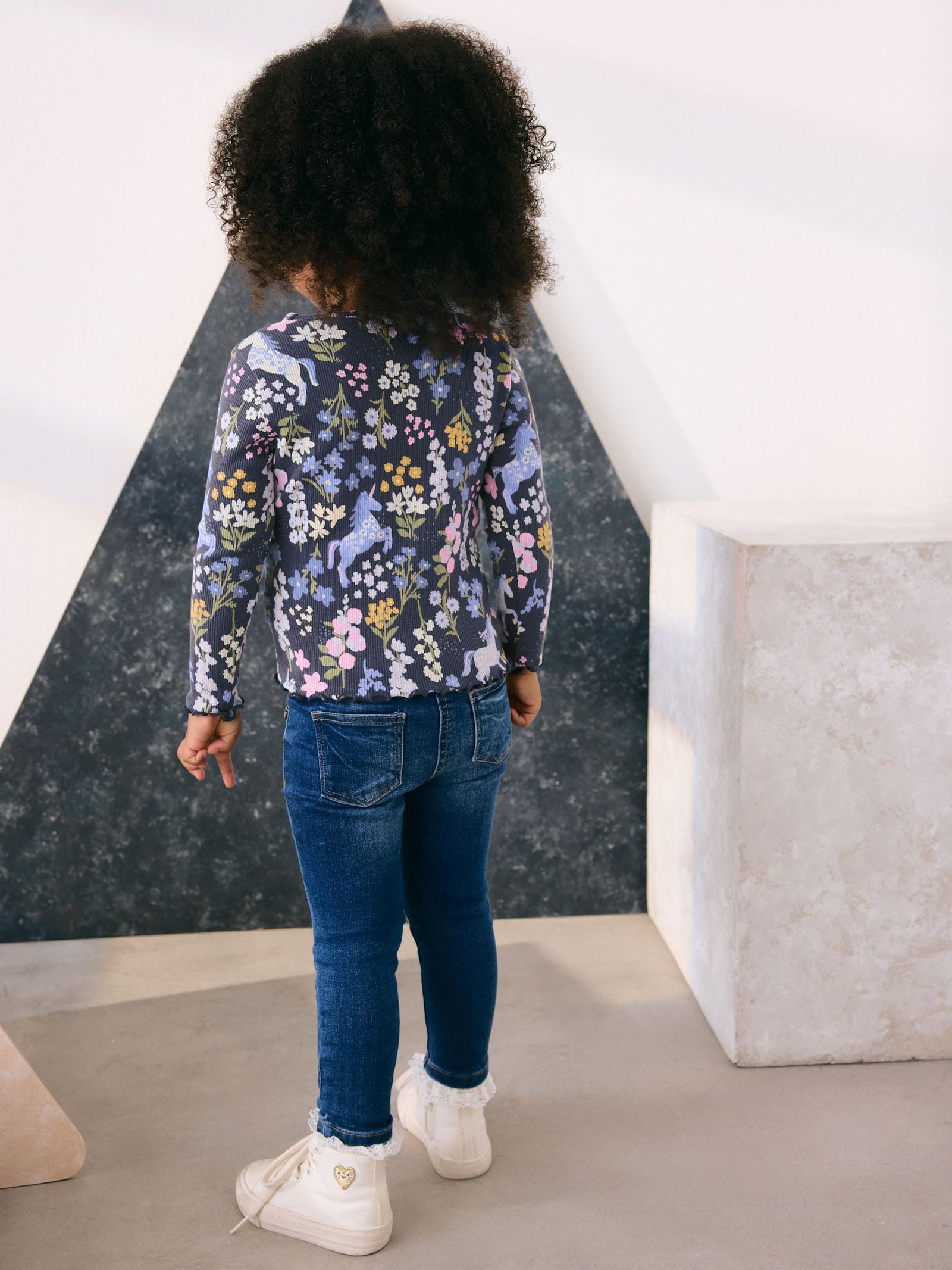 Navy Floral Unicorn Print Long Sleeve Ribbed T-Shirt (3mths-7yrs)
