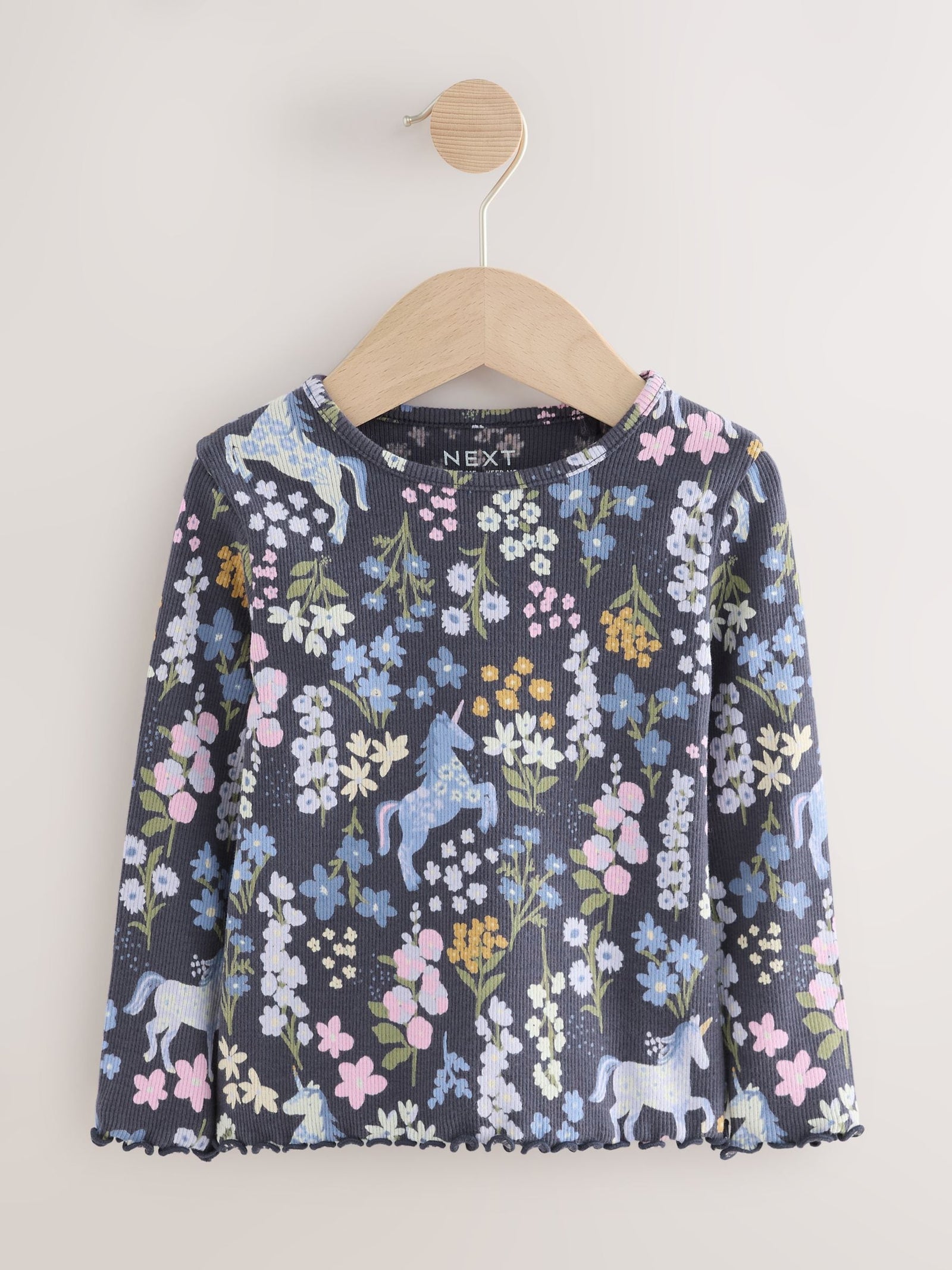 Navy Floral Unicorn Print Long Sleeve Ribbed T-Shirt (3mths-7yrs)