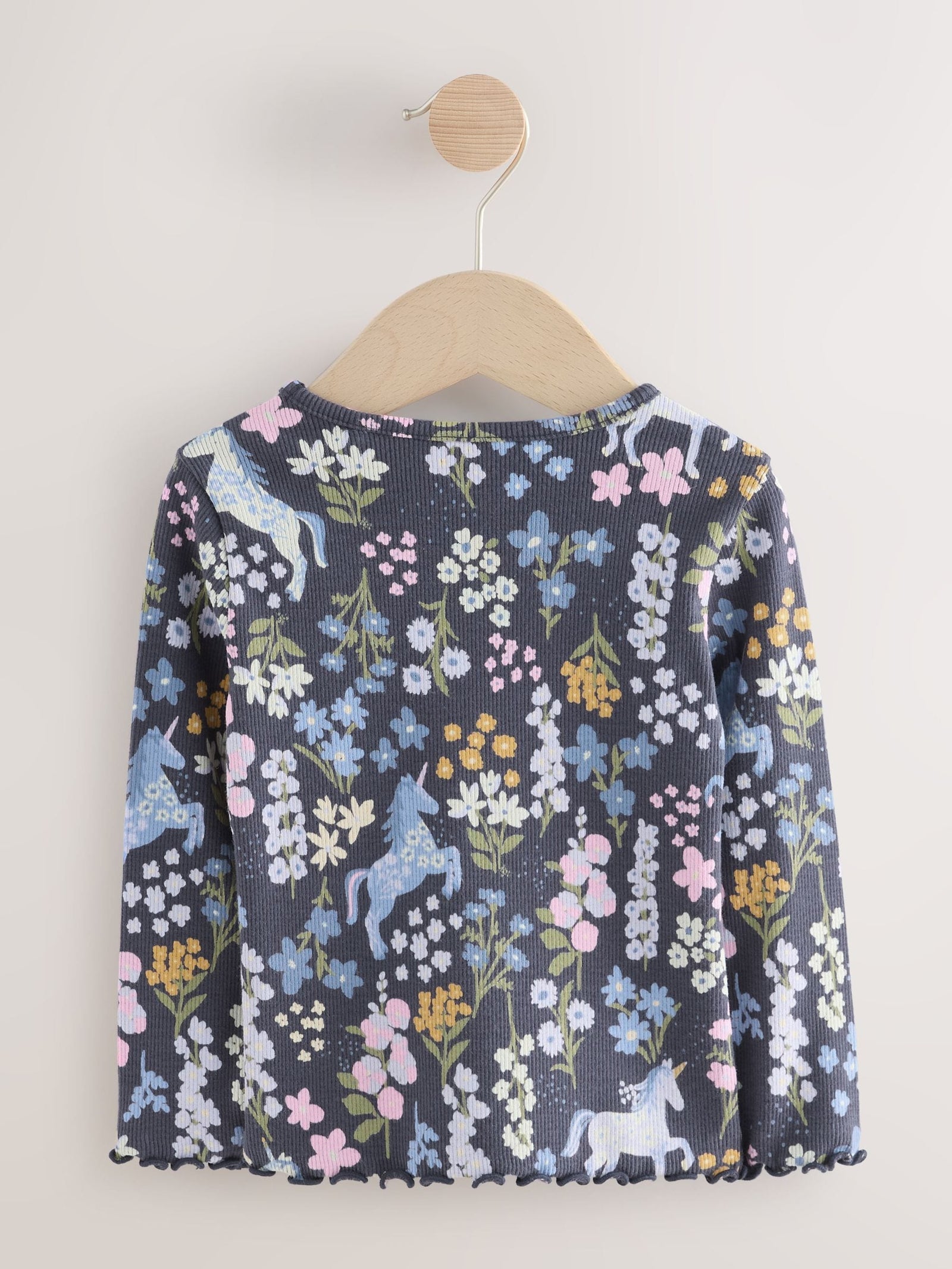 Navy Floral Unicorn Print Long Sleeve Ribbed T-Shirt (3mths-7yrs)