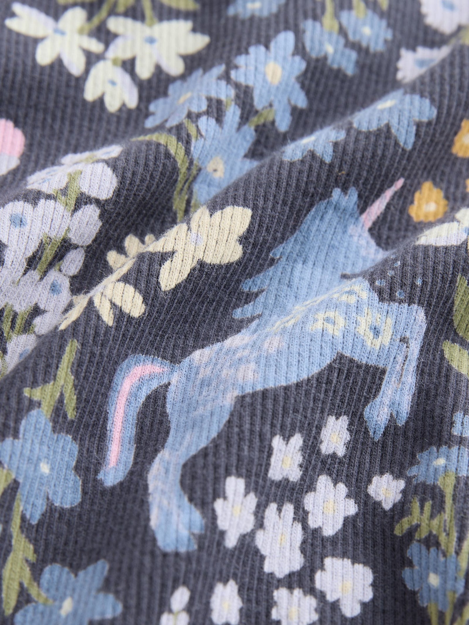 Navy Floral Unicorn Print Long Sleeve Ribbed T-Shirt (3mths-7yrs)