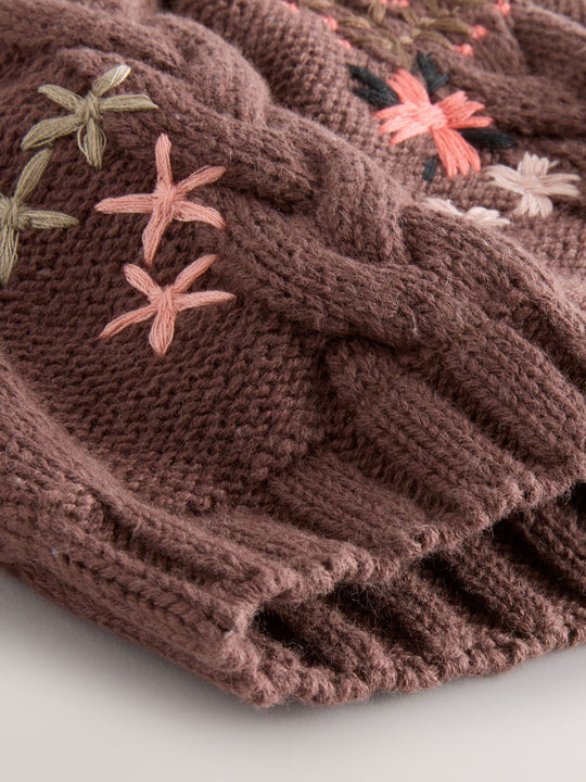 Brown Floral Embroidered Pom Baby Beanie Hat (0mths-2yrs)