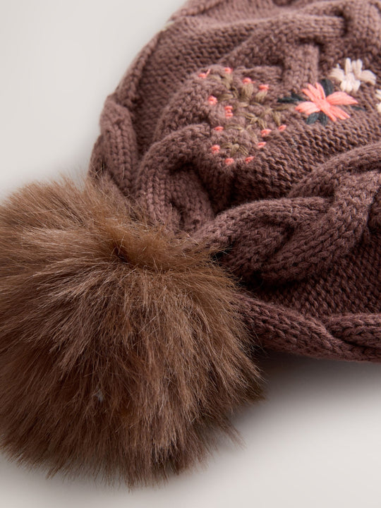 Brown Floral Embroidered Pom Baby Beanie Hat (0mths-2yrs)