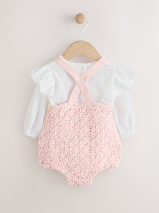 Pink/ White Baby Romper and Knitted Dungarees with Tights 3 Piece Set (0mths-2yrs)