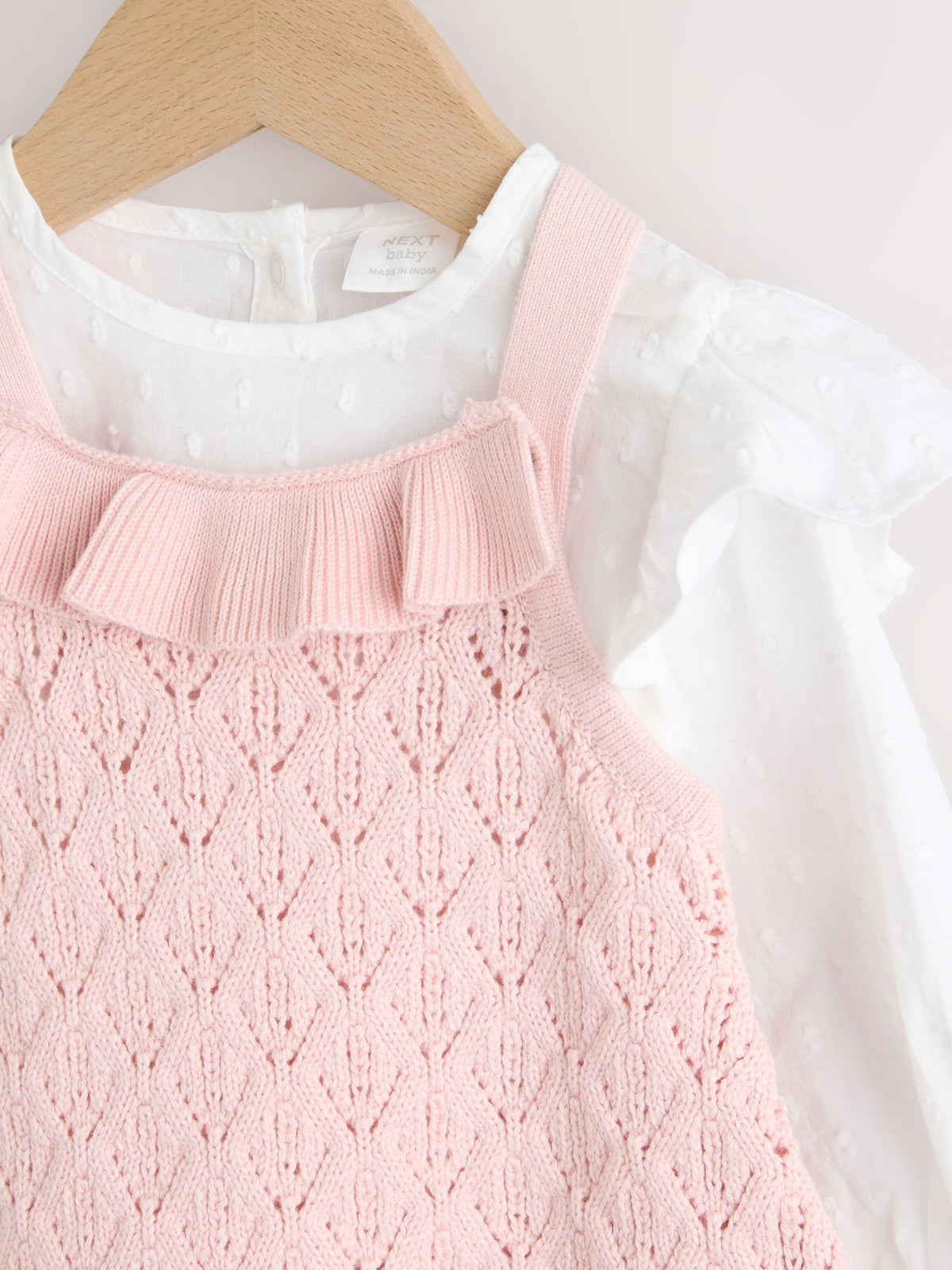 Pink/ White Romper and Knitted Dungarees with Tights 3 Piece Set (0mths-2yrs)