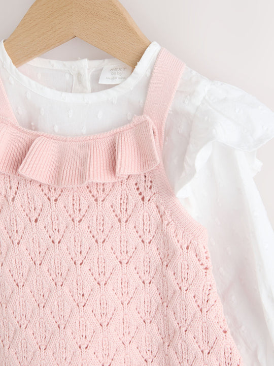 Pink/ White Baby Romper and Knitted Dungarees with Tights 3 Piece Set (0mths-2yrs)