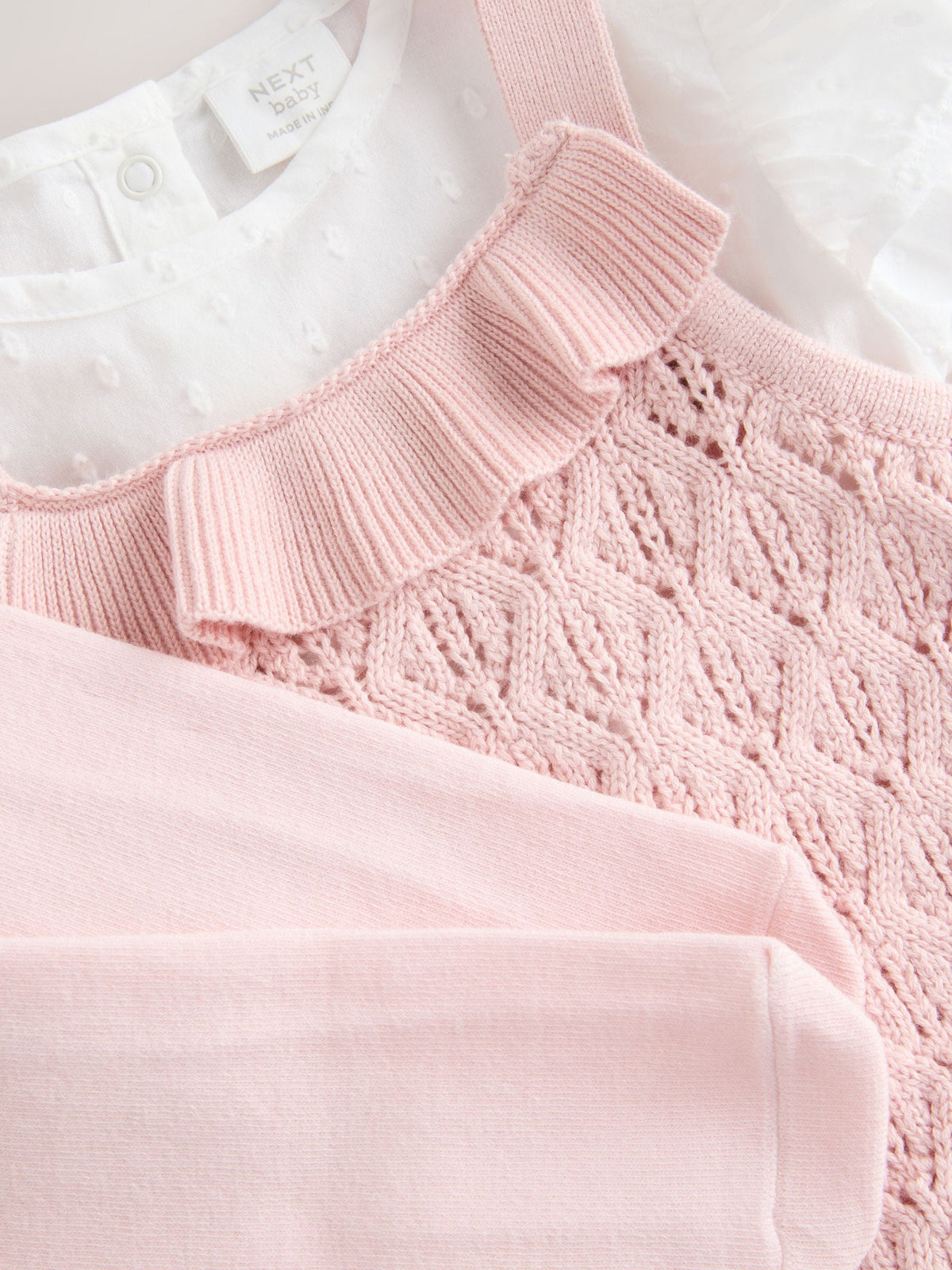 Pink/ White Romper and Knitted Dungarees with Tights 3 Piece Set (0mths-2yrs)