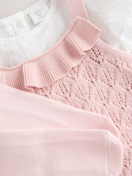 Pink/ White Baby Romper and Knitted Dungarees with Tights 3 Piece Set (0mths-2yrs)