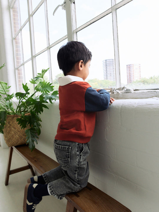 Rust Brown Colourblock Long Sleeve Rugby Polo Shirt (3mths-7yrs)