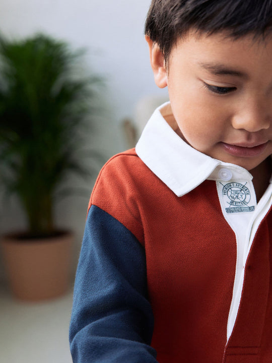 Rust Brown Colourblock Long Sleeve Rugby Polo Shirt (3mths-7yrs)
