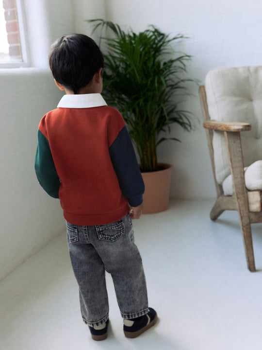 Rust Brown Colourblock Long Sleeve Rugby Polo Shirt (3mths-7yrs)