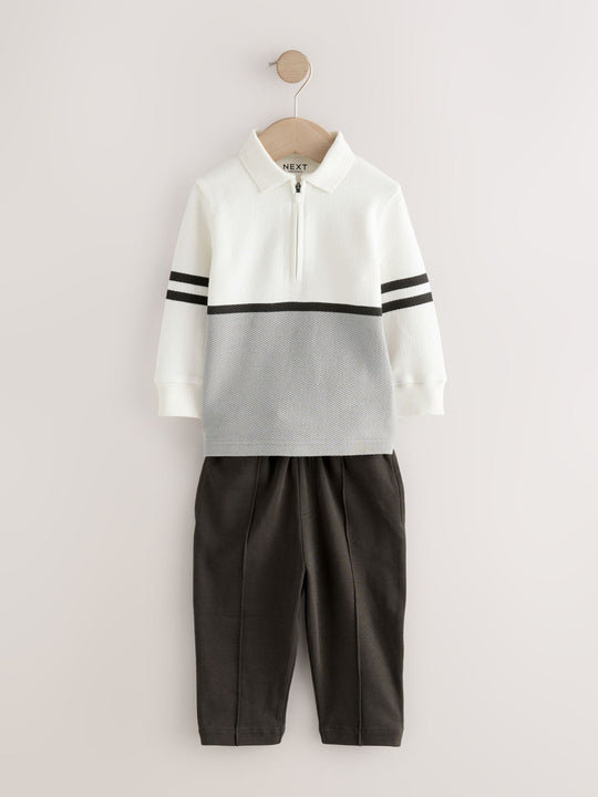 Grey/White Zip Long Sleeve Polo Shirt And Joggers Set (3mths-7yrs)