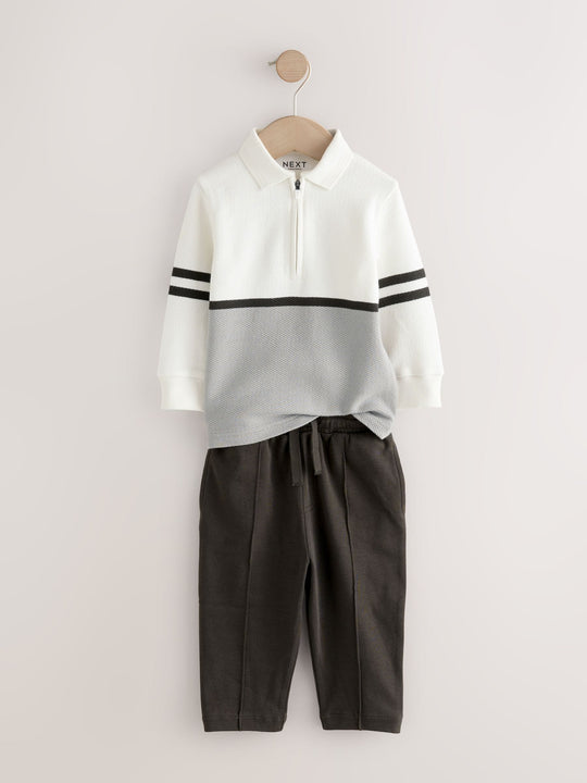 Grey/White Zip Long Sleeve Polo Shirt And Joggers Set (3mths-7yrs)