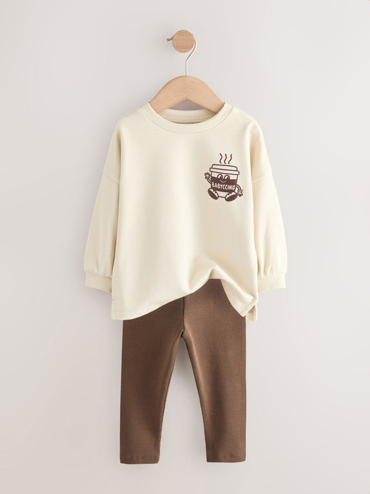Brown/Cream Babyccino Long Sleeve Tops & Leggings Set 2 Pack (3mths-7yrs)