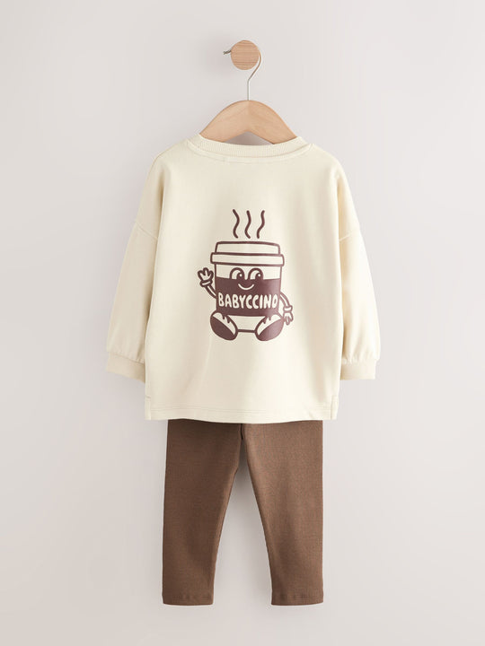 Brown/Cream Babyccino Long Sleeve Tops & Leggings Set 2 Pack (3mths-7yrs)