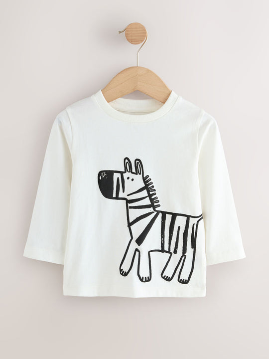 Tan/White/Black Safari Long Sleeve Graphic Print T-Shirts 3 Pack (3mths-7yrs)