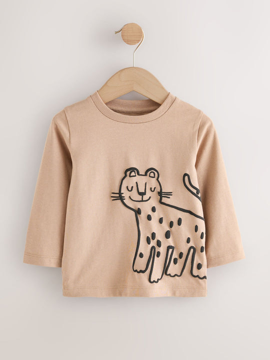 Tan/White/Black Safari Long Sleeve Graphic Print T-Shirts 3 Pack (3mths-7yrs)
