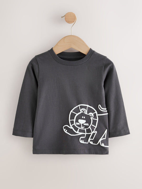 Tan/White/Black Safari Long Sleeve Graphic Print T-Shirts 3 Pack (3mths-7yrs)