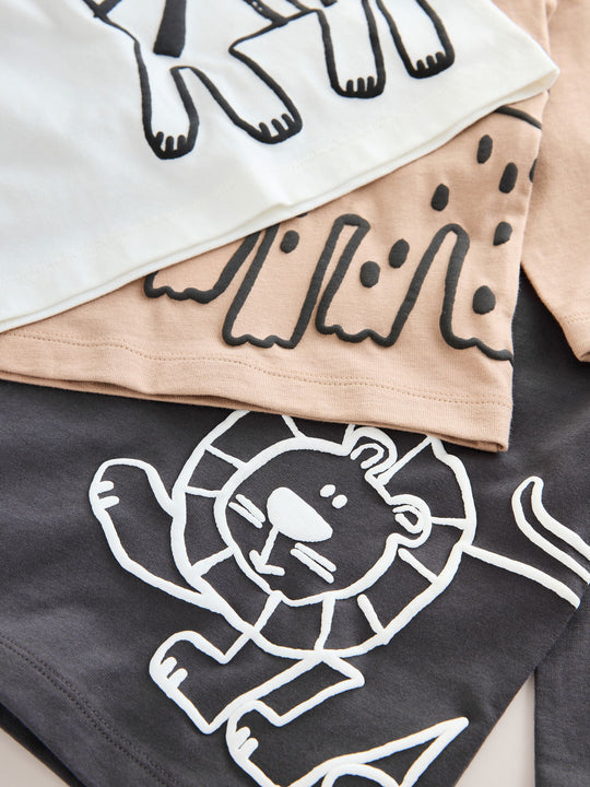 Tan/White/Black Safari Long Sleeve Graphic Print T-Shirts 3 Pack (3mths-7yrs)