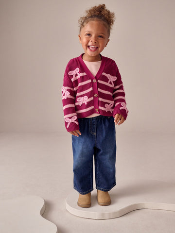 Pink Bow Stripe V-Neck Cardigan (3mths-7yrs)
