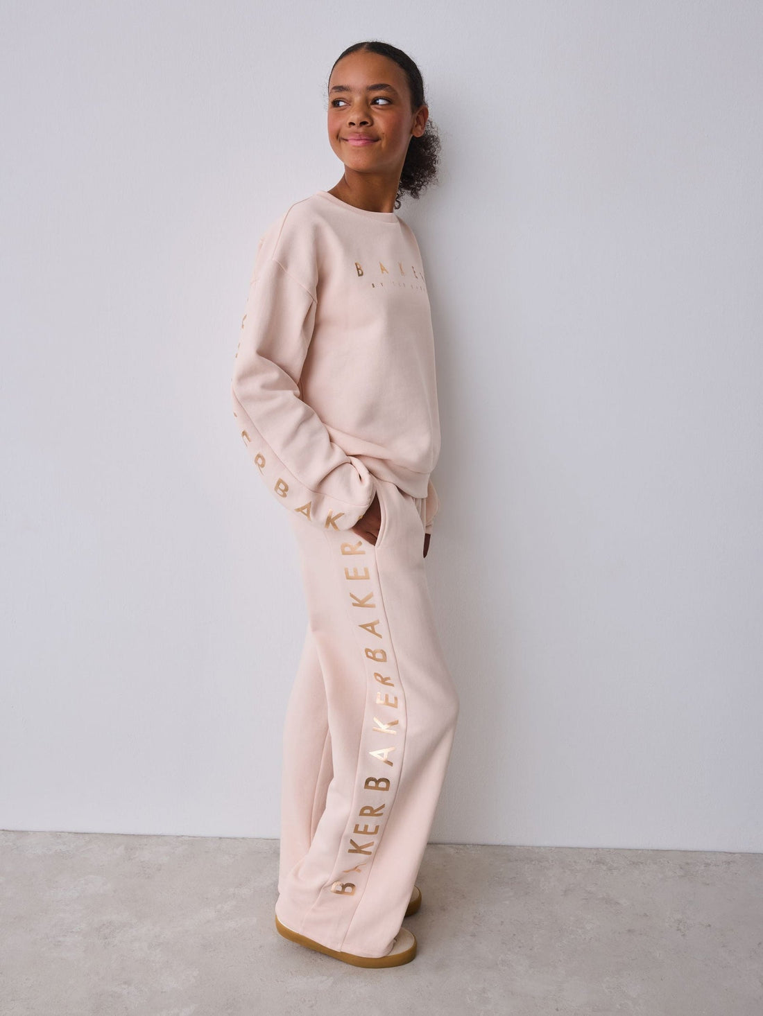 Baker by Ted Baker Pink 2 Piece Metallic Side Graphic Sweat & Wide Leg Joggers Set