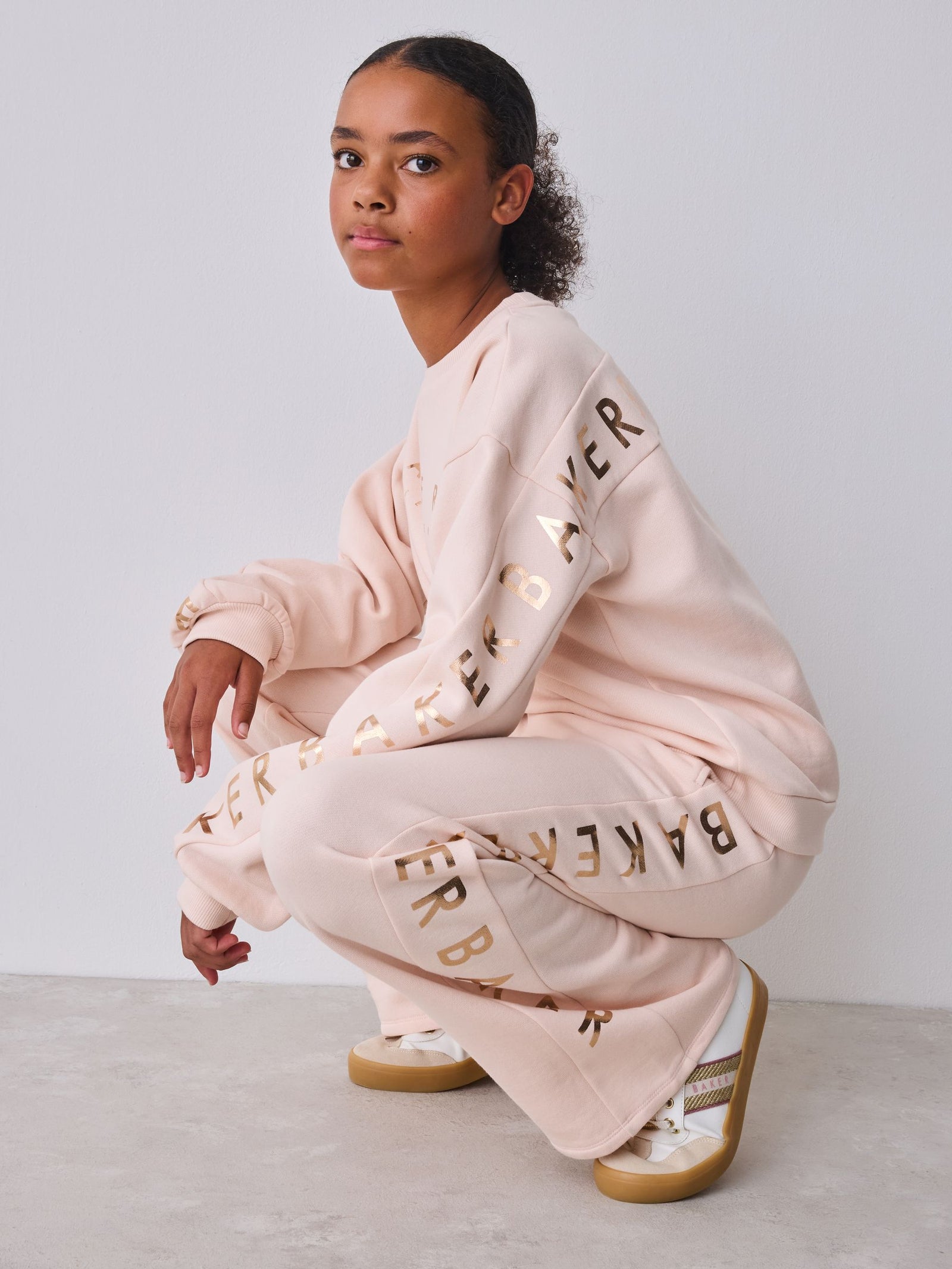 Baker by Ted Baker Pink 2 Piece Metallic Side Graphic Sweat & Wide Leg Joggers Set