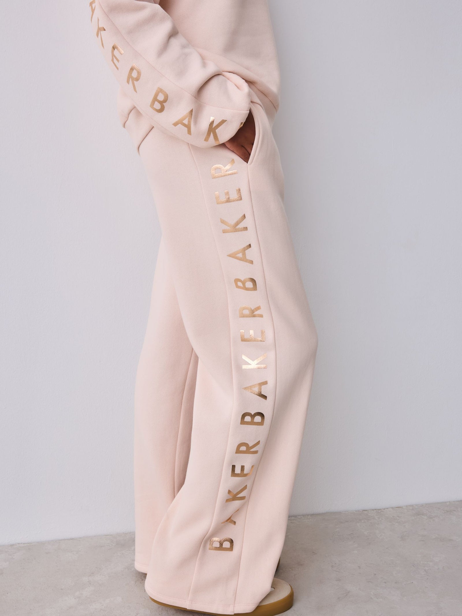 Baker by Ted Baker Pink 2 Piece Metallic Side Graphic Sweat & Wide Leg Joggers Set