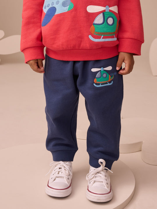 Red/Navy Blue Appliqué Transport Hoodie And Joggers Set (3mths-7yrs)
