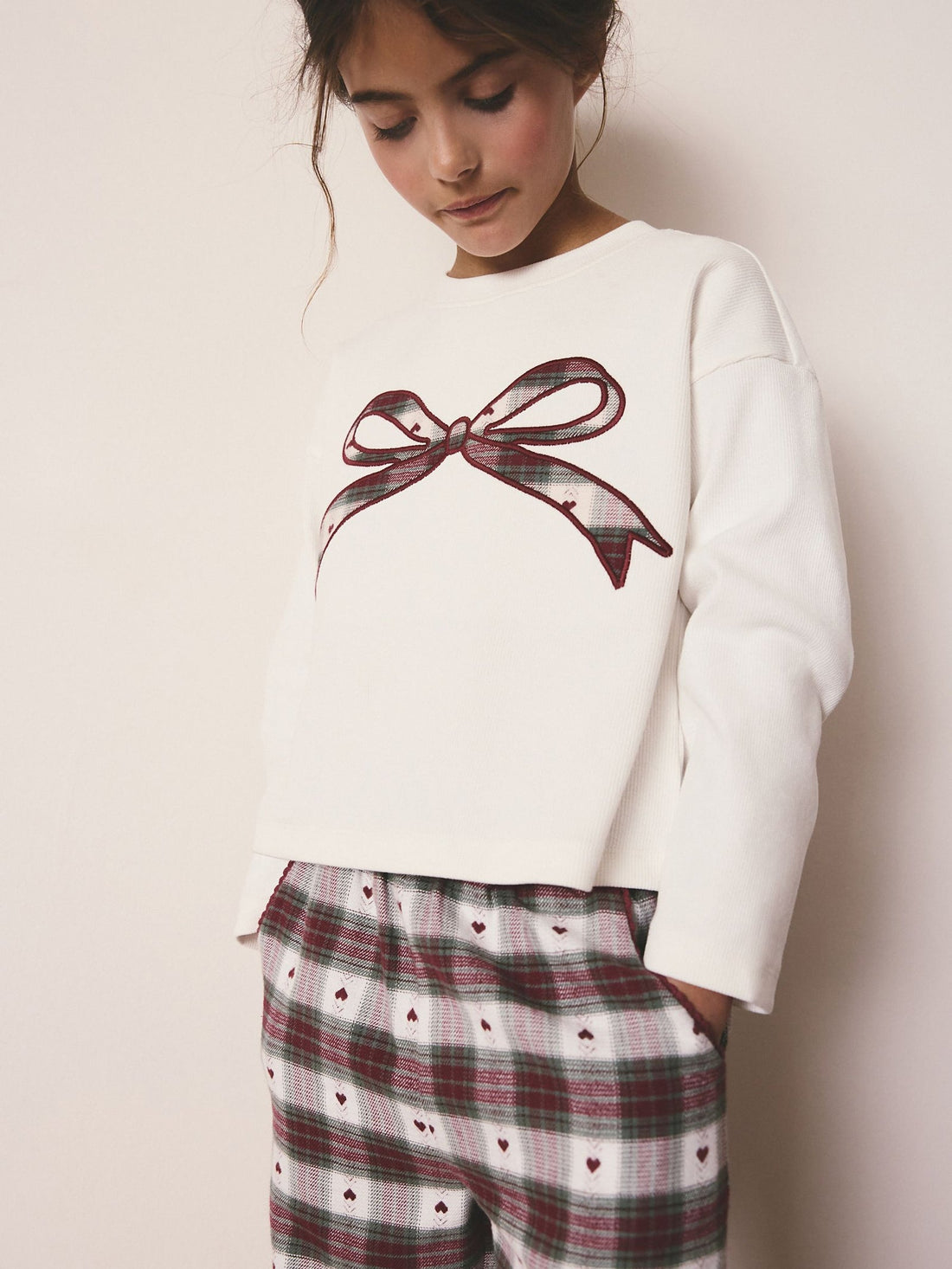 Red/Green Bow Check Christmas Woven Bottom Pyjamas (2-16yrs)