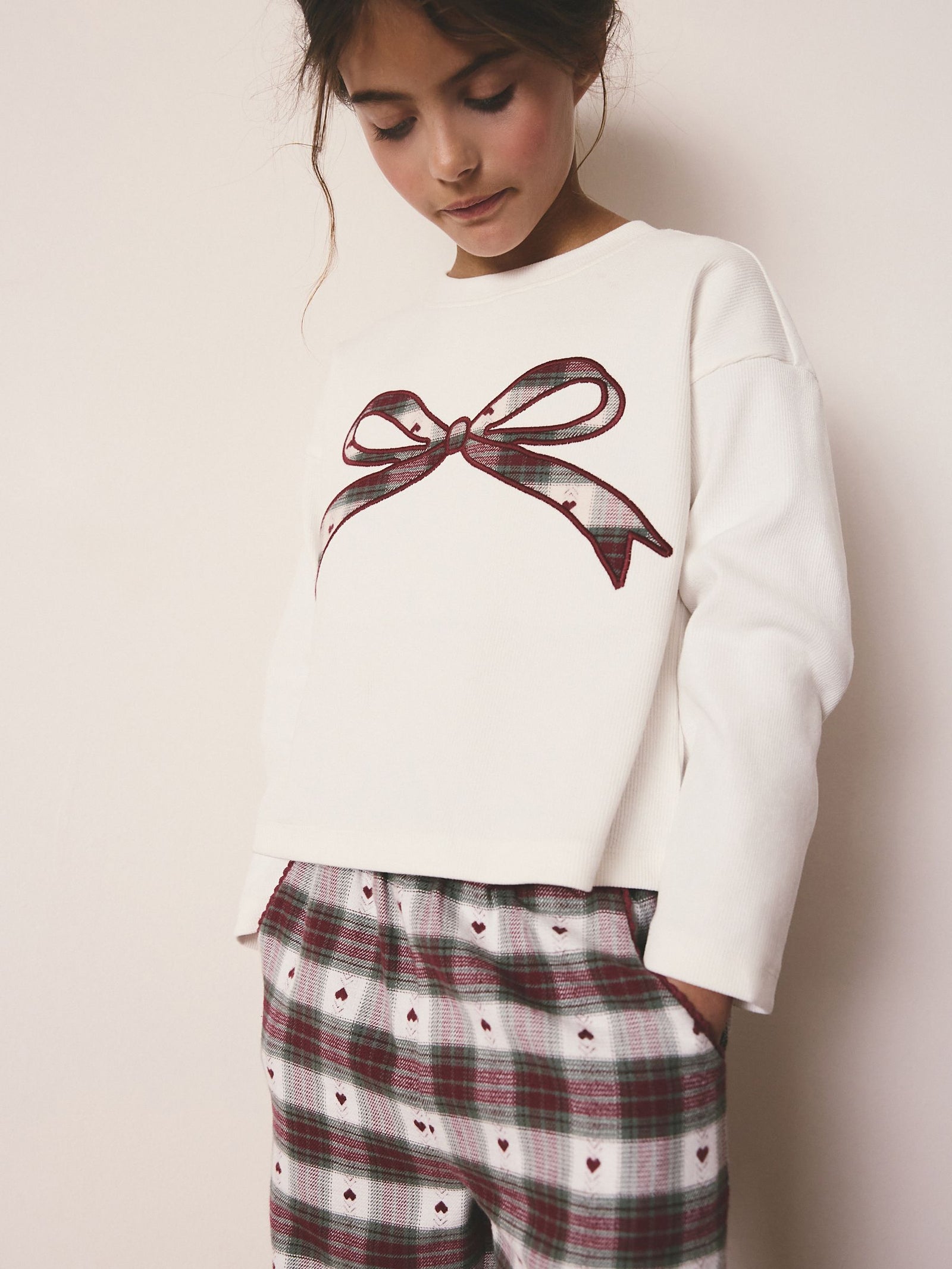 Red/Green Bow Check Christmas Woven Bottom Pyjamas (2-16yrs)