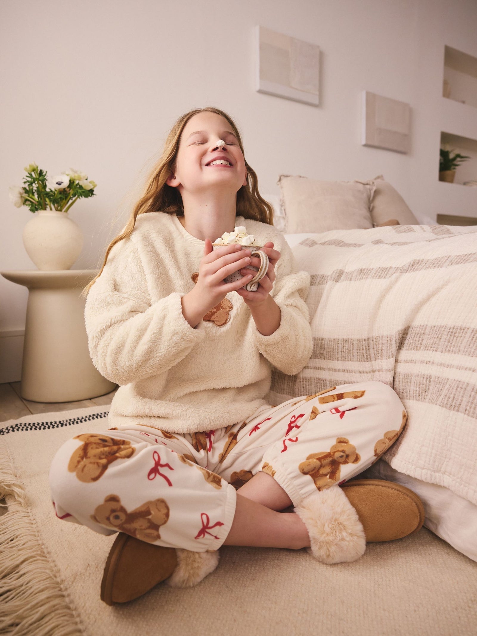 Cream Bear Applique Fleece Pyjamas Set (12mths-16yrs)