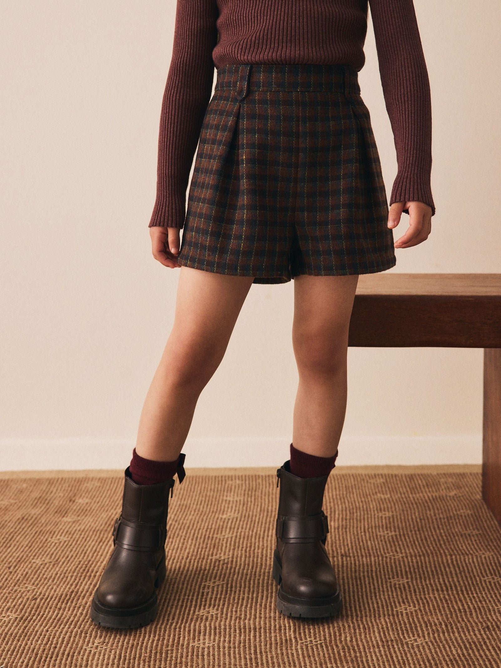 Brown Check Pleat Front Shorts (3-16yrs)