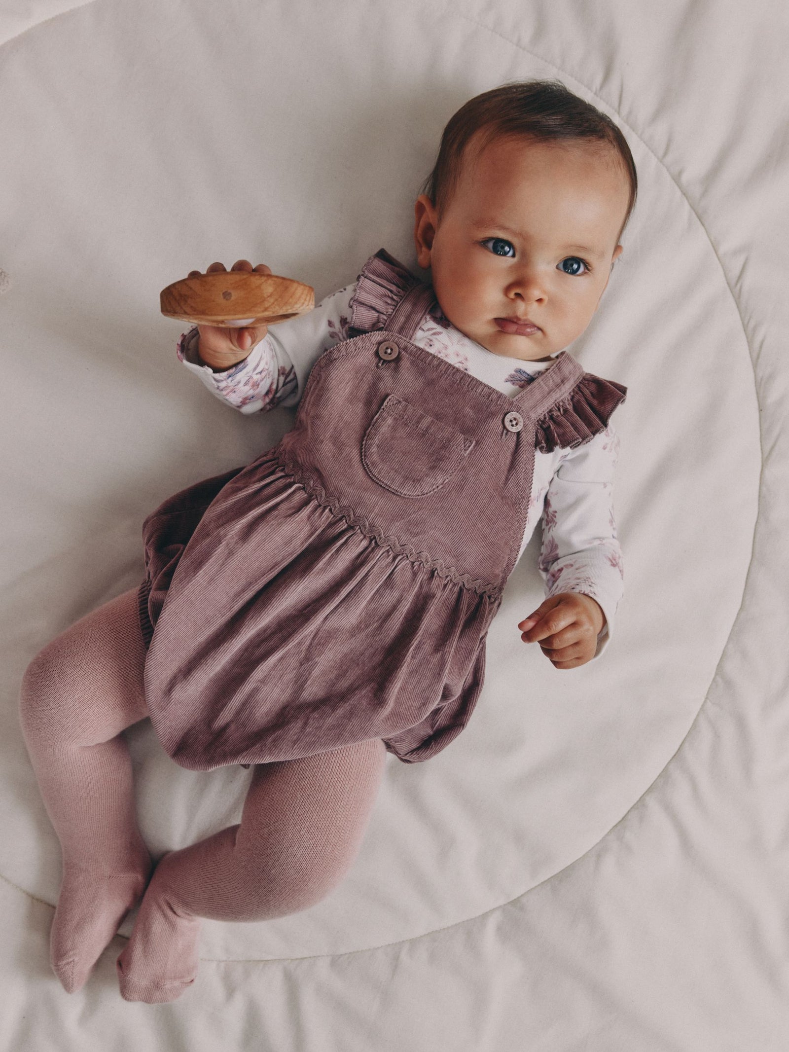 Purple/ White Cord Baby Romper and Long Sleeve Bodysuit and Tights 3 Piece Set immediate