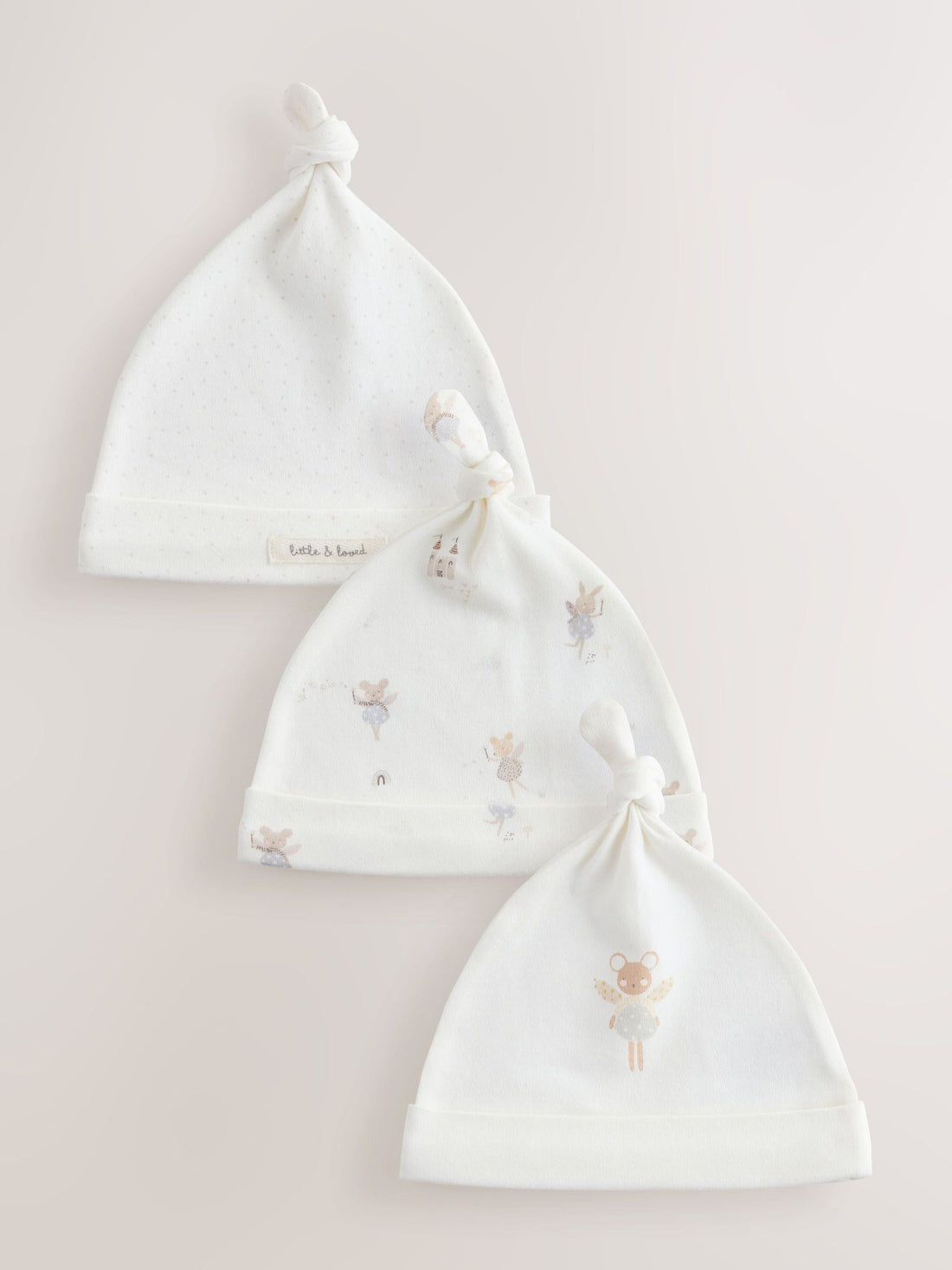 Ecru Fairy Mouse 3 Pack Tie Top Baby Beanies (0-12mths)
