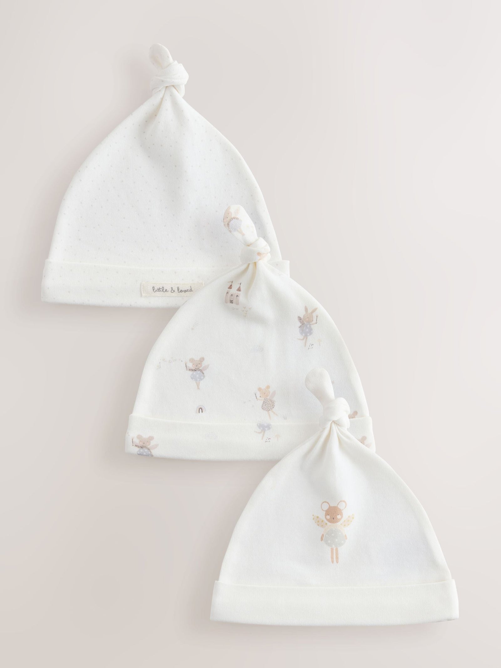 Ecru Fairy Mouse 3 Pack Tie Top Baby Beanies (0-12mths)