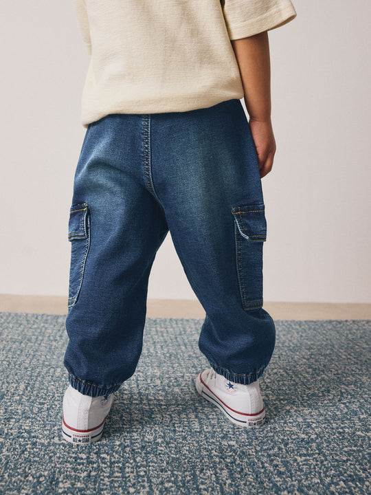 Dark Blue Barrel Leg Comfort Stretch Wide Cargo Jeans (3mths-7yrs)