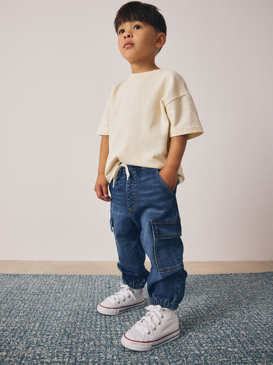 Dark Blue Barrel Leg Comfort Stretch Wide Cargo Jeans (3mths-7yrs)