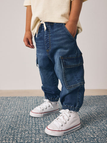 Dark Blue Barrel Leg Comfort Stretch Wide Cargo Jeans (3mths-7yrs)