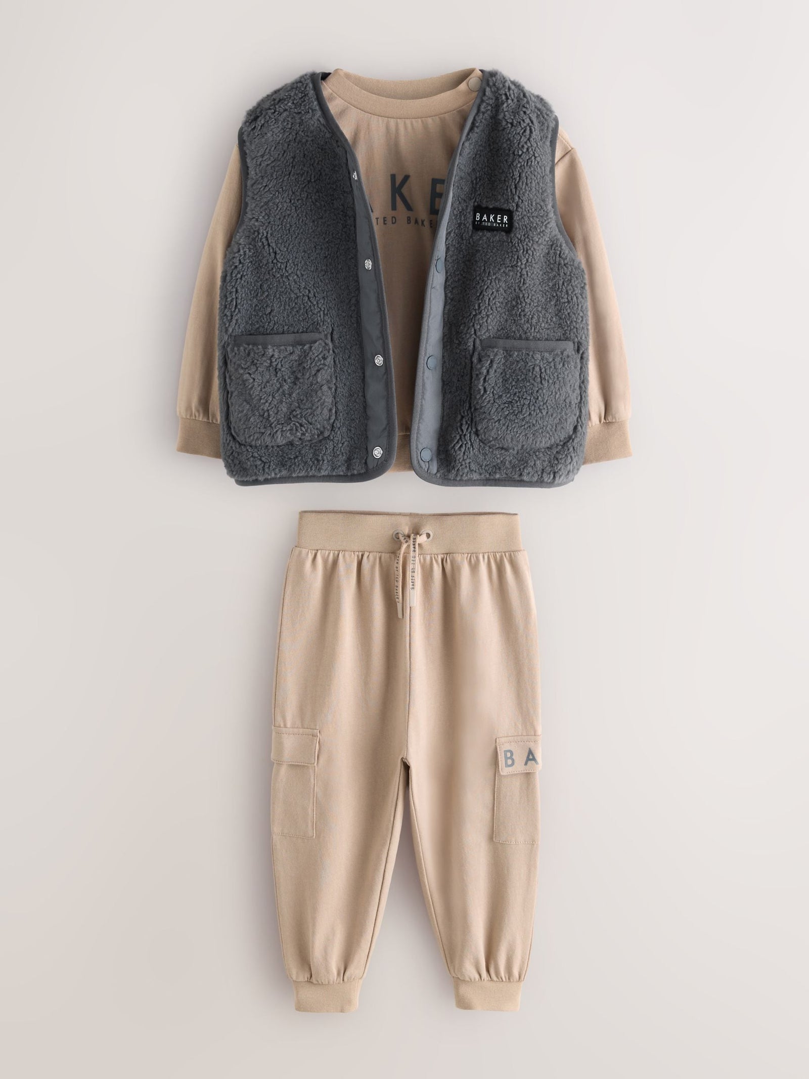 Baker by Ted Baker 3 Piece Stone Borg Gilet, Sweatshirt and Joggers Set