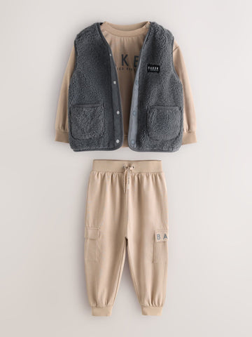Baker by Ted Baker 3 Piece Stone Borg Gilet, Sweatshirt and Joggers Set