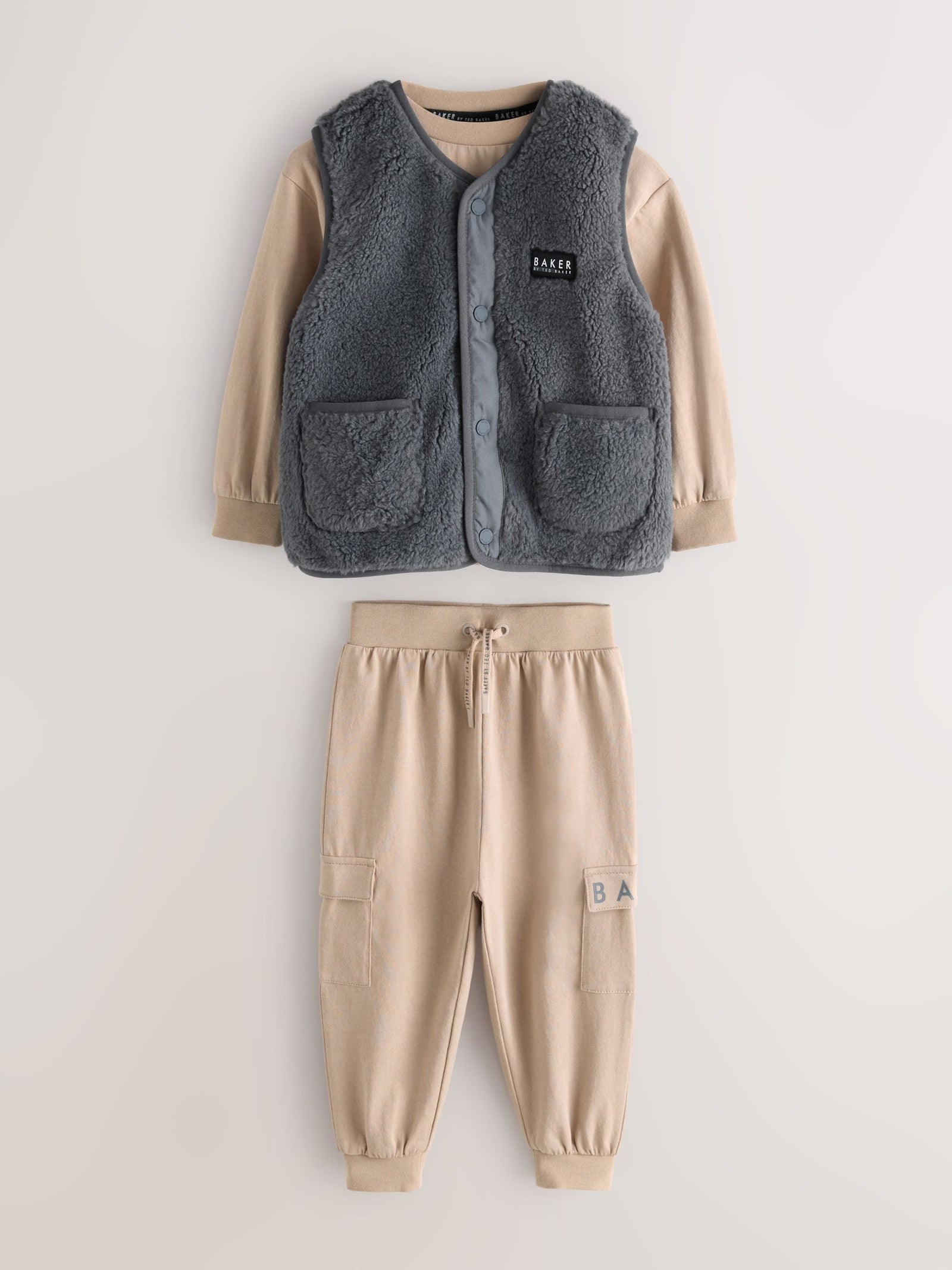 Baker by Ted Baker 3 Piece Stone Borg Gilet, Sweatshirt and Joggers Set