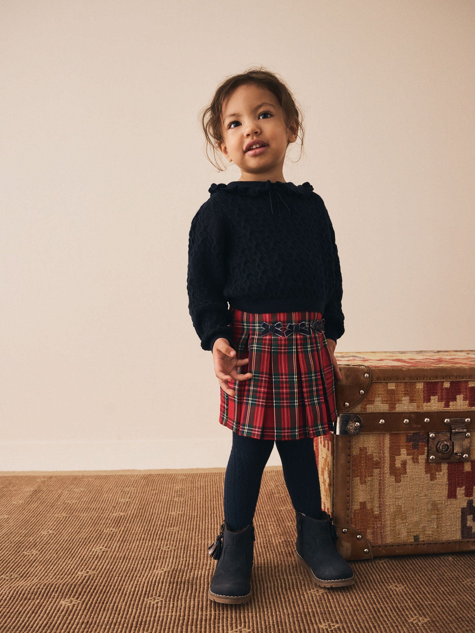 Red Tartan Bow Skirt with Navy Tights (3mths-7yrs)