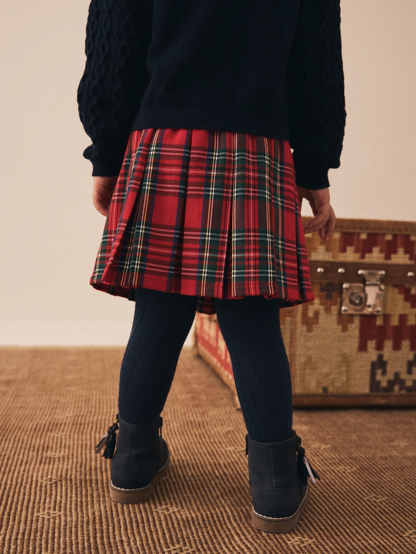 Red Tartan Bow Skirt with Navy Tights (3mths-7yrs)