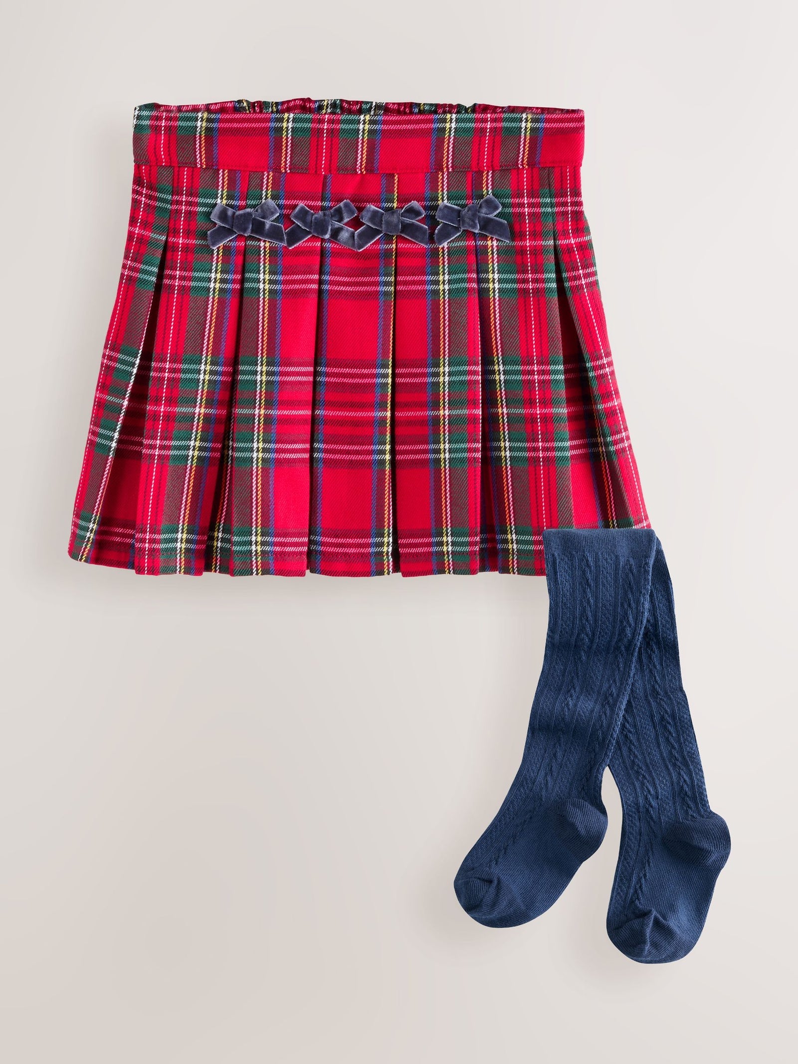 Red Tartan Bow Skirt with Navy Tights (3mths-7yrs)