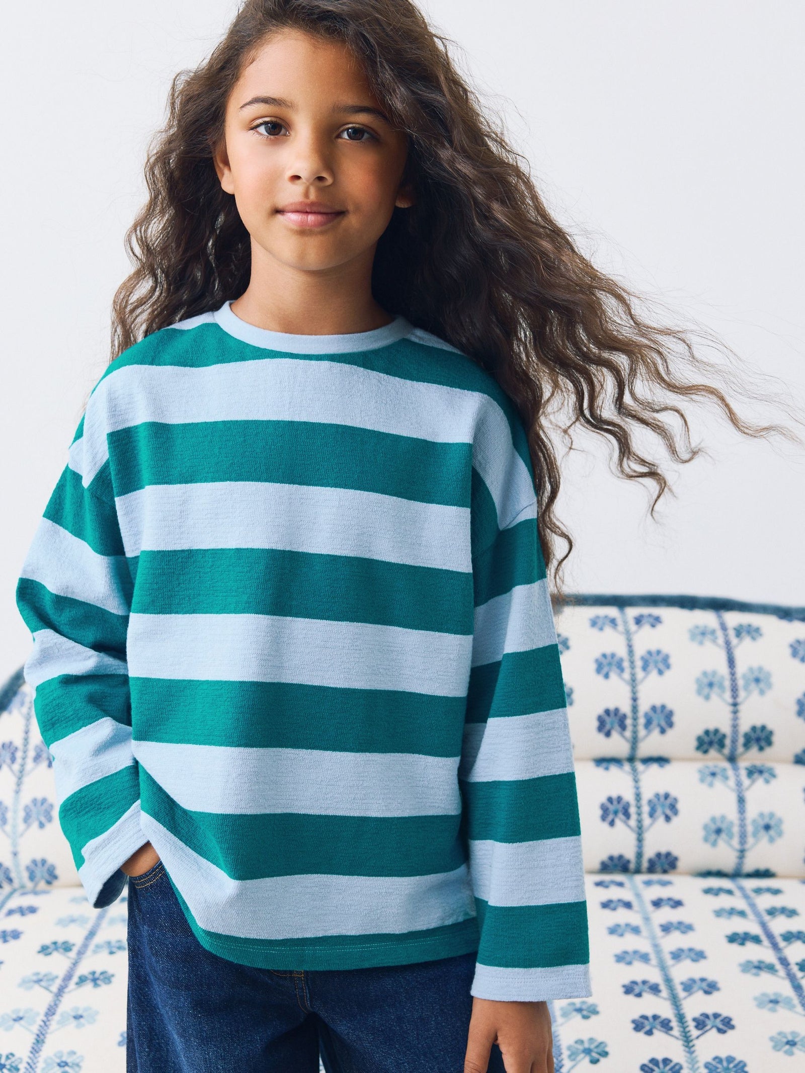 Blue Stripe Textured Long Sleeve Top (3-16yrs)
