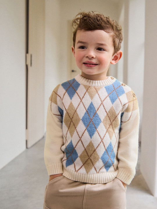 Cream Argyle Knitted Crew Neck Jumper (3mths-7yrs)
