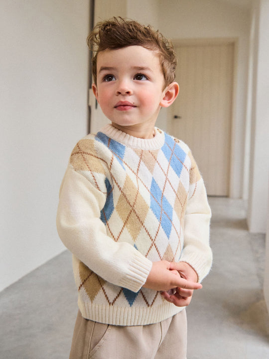 Cream Argyle Knitted Crew Neck Jumper (3mths-7yrs)