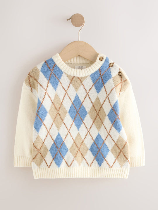 Cream Argyle Knitted Crew Neck Jumper (3mths-7yrs)