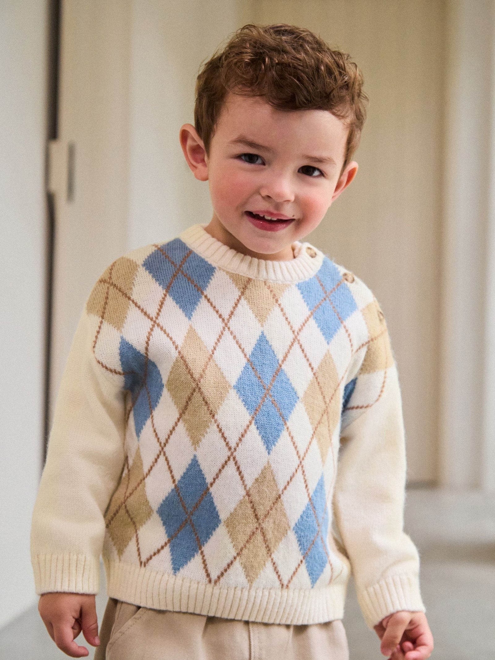 Cream Argyle Knitted Crew Neck Jumper (3mths-7yrs)