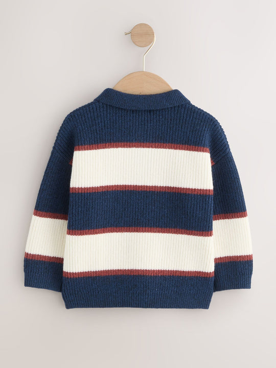 Navy Blue/Burgundy Knitted Stripe Rugby Polo Shirt (3mths-7yrs)